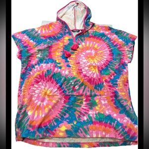 LANDS END Tie Dye pink Colorful TERRY VNECK SHORT SLEEVES HOODED SWIM COVER UP M